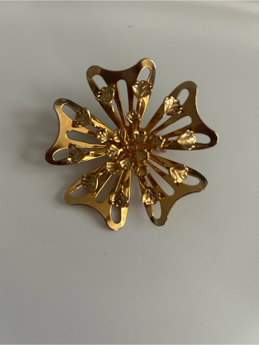 Vintage Gold Tone Filigree Flower Brooch Cutout Layered Floral Statement Pin